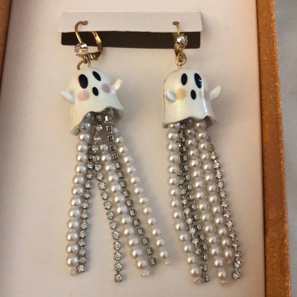 Betsey Johnson Gold Tone Just Treats Ghost Drop Earrings With Fringe NWT - Picture 6 of 10